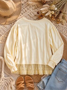 New Easel Butter Yellow Boho Puff Sleeve Sweatshirt – Lace Hem Detail | One Size